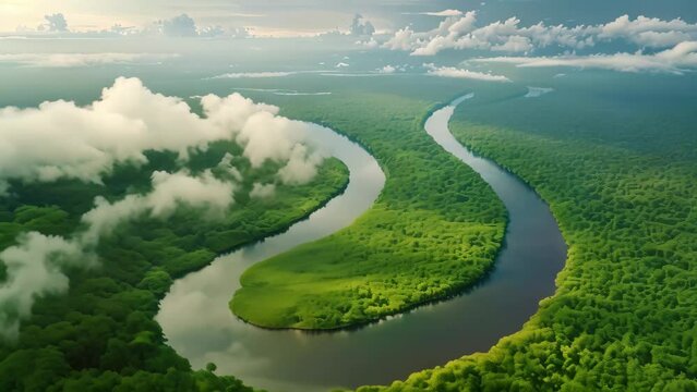A sinuous river winds its way through a lush green forest, creating a dynamic and captivating scene, A winding river through the heart of Amazon rainforest, AI Generated