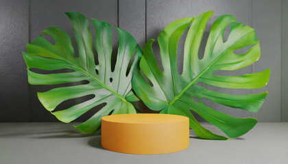 Podium with tropical green leaves for product presentation and on green background. Generative AI