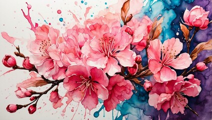 Beautiful watercolor artwork of blooming pink cherry blossoms with a dreamy and romantic artistic expression