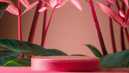 Podium with tropical bright leaves for product presentation and on pink background. Generative AI