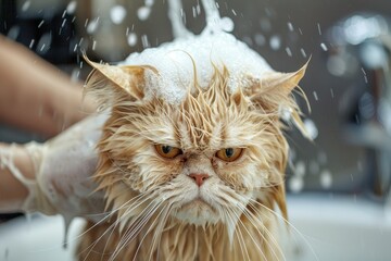Blurred noisy image of unhappy wet cat getting groomed at salon