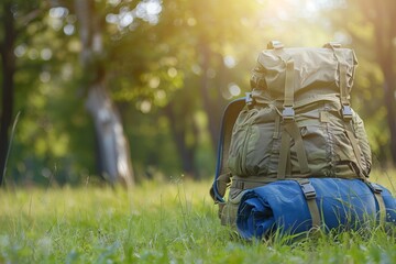Blurry military backpack blue tent and sleeping bag on green grass with tree Camouflage army rucksack in sunny outdoor setting Summer hiker blurred - Powered by Adobe