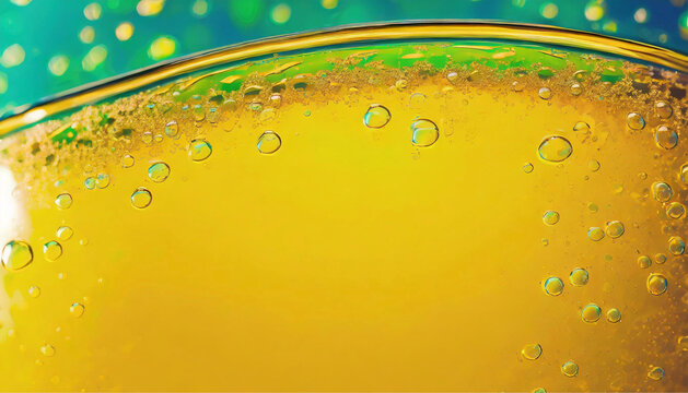 Fundo dourado de cerveja, com bolhas e reflexo em verde. Quadro cheio. Imagem para fundo.