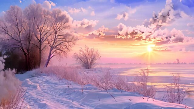 A winter landscape featuring a snow-covered field, with tall trees and a body of water visible in the distance, A winter sunset painting the snowy landscape with hues of pink and orange, AI Generated