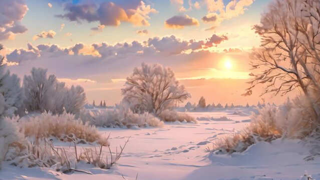 Painting of Snowy Landscape With Trees in a Winter Forest, A winter sunset painting the snowy landscape with hues of pink and orange, AI Generated