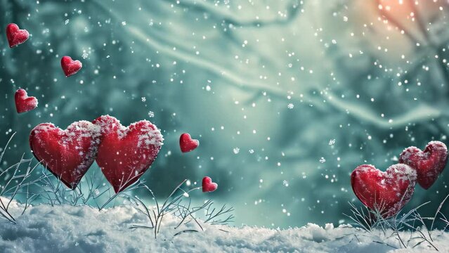 A close-up photograph of a painting depicting red hearts arranged in a snowy landscape, A wintery Valentines Day scene with heart shaped snowflakes, AI Generated