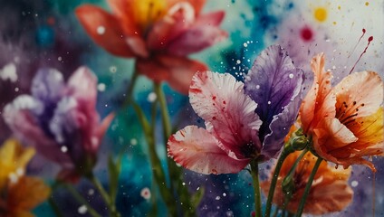 A vibrant image of various flowers with a dynamic background that features splashing water drops adding movement