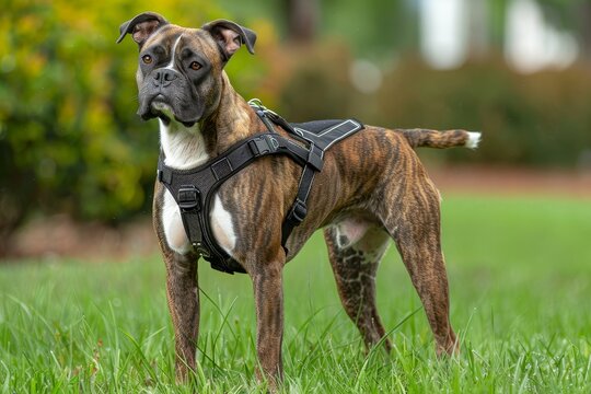 Brindle Boxer dog outdoors on grass wearing black harness with reflectors