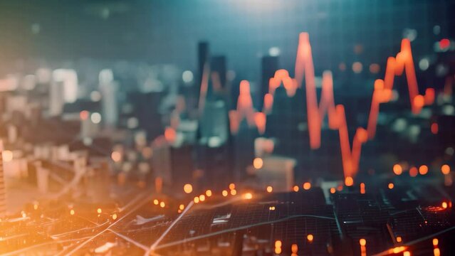 An urban scene of a cityscape featuring towering buildings with a prominent red line ascending towards the sky, Abstract concept of deficit and financial downturns, AI Generated