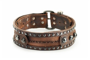 Brown leather collar with rivets on white background