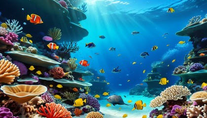 Fototapeta na wymiar A vivid underwater scene with diverse coral reefs and tropical fish basking in the streaming sunlight from above. AI Generation