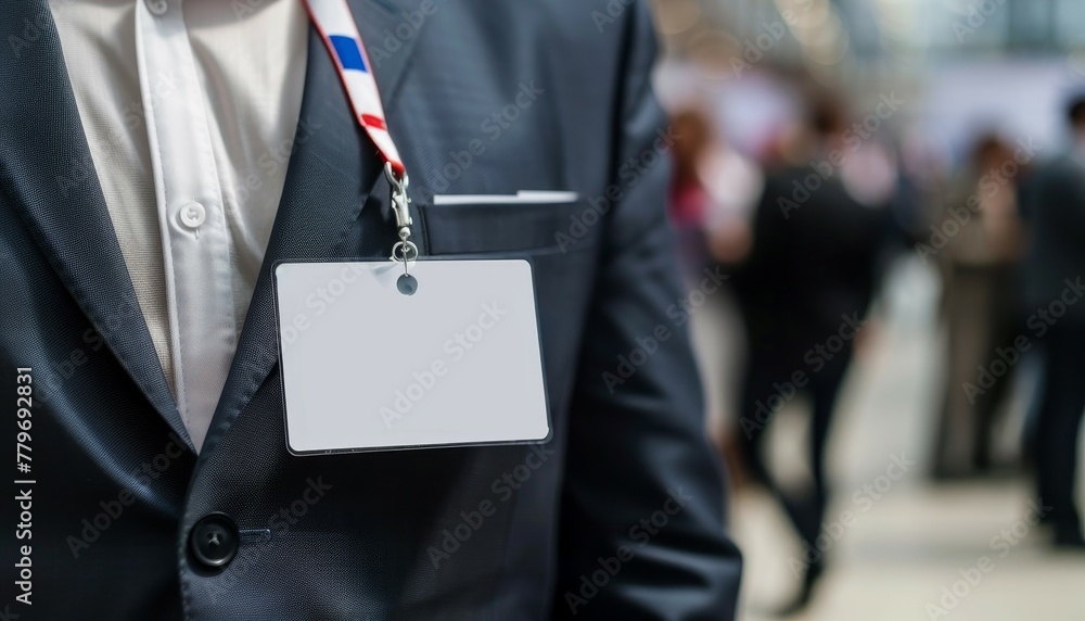 Wall mural Businessman with blank security ID card on lanyard at event