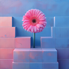 a pink flower sitting in a vase on a stack of cubes