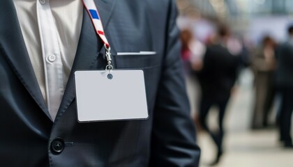Businessman with blank security ID card on lanyard at event - Powered by Adobe