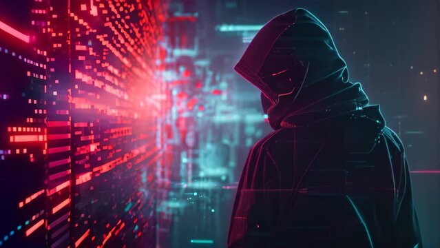 Hooded Man Standing in Front of a Digital Cityscape, Abstract representation of a hacker breaking into a system, AI Generated