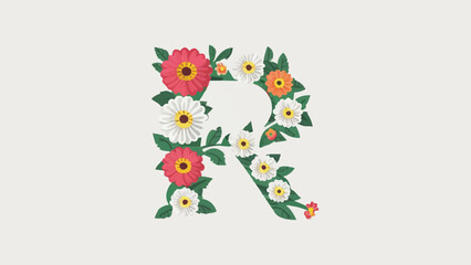 Floral Monogram "R" Vector: Vibrant Blossoms on White Background, Flat Design Illustration