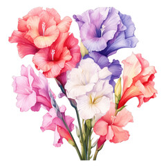 Soft Pastel Gladiolus and Lilies Bouquet Watercolor in Pink and Lavender Tones on Transparent Background