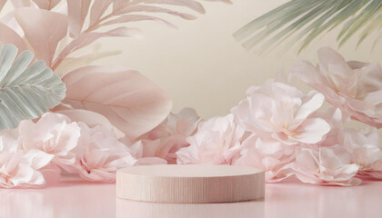 Podium with tropical pastel leaves for product presentation and on beige background. Generative AI
