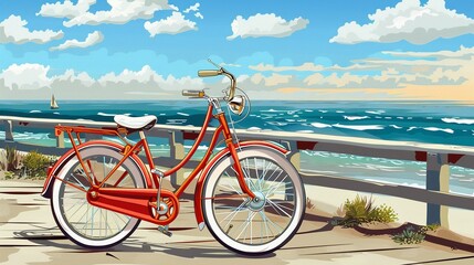 Fototapeta premium Beach bike clipart parked by the boardwalk