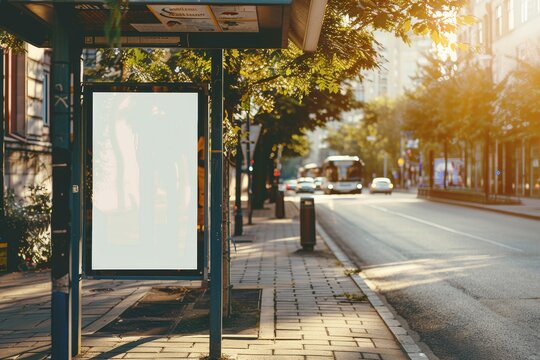City bus stop with empty white advertising mock up clear public info board in urban setting on sunny summer day blank billboard with space for messa