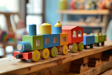 Colorful wooden toy train with blocks and wagons