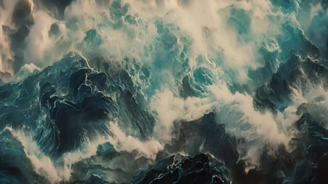 A painting capturing the striking, dynamic motion of blue and white waves crashing in the ocean, Abstract representation of ocean waves, AI Generated