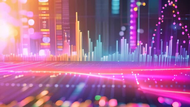 This photo features a vibrant abstract background filled with an assortment of vivid lines and dots, Abstract representation of stock market trends with colorful graphs and charts, AI Generated