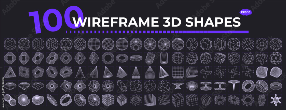 Poster set of abstract wireframe 3d geometric shapes. retrofuturistic design elements. vector illustration 