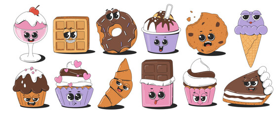 Set of retro cartoon funny dessert. Cute groovy sweet cake, chocolate, waffles, oatmeal cookies, croissant, ice cream, donut, candy, cake, cupcakes. Vector illustration.
