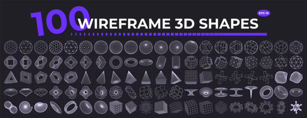 Set of Abstract wireframe 3D geometric shapes. Retrofuturistic design elements. Vector illustration with different linear form.
