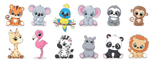 Naklejka premium Set of cute cartoon funny animals tiger, koala, parrot, elephant, sloth, monkey, giraffe, flamingo, zebra, hippo, panda, lion. Baby characters on a white background.