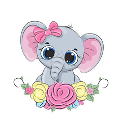 Cute baby elephant with floral wreath. Vector illustration