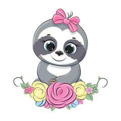 Cute baby sloth with floral wreath. Vector illustration