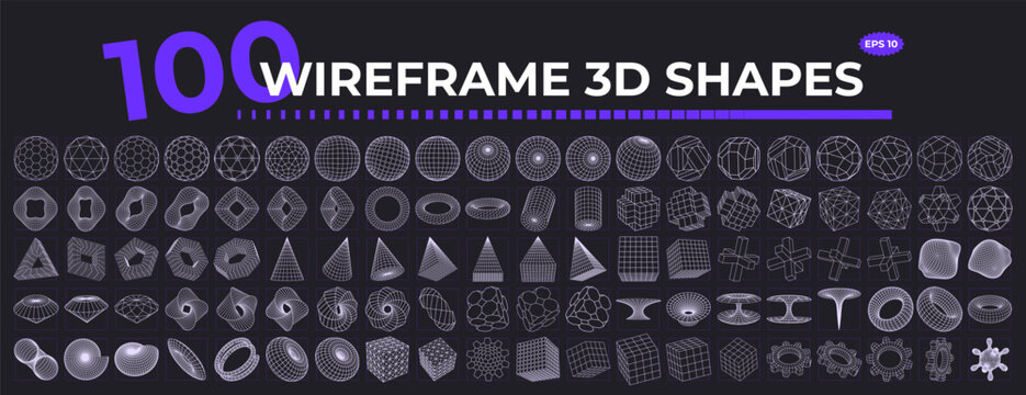 Set of Abstract wireframe 3D geometric shapes. Retrofuturistic design elements. Vector illustration with different linear form.
