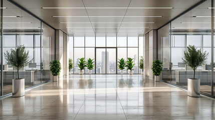 Modern Business Office with Sleek Design and Open Space, Professional Environment with High-end Furniture and Urban Views