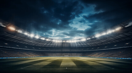 Fototapeta premium Stade de foot, grand spot de lumière, gazon, pelouse. Ciel nuageux. Football, match, sport. Pour conception et création graphique. 