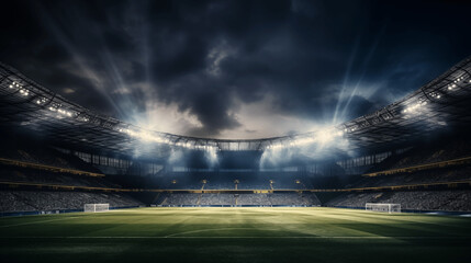 Stade de foot, grand spot de lumière, gazon, pelouse. Ciel nuageux. Football, match, sport. Pour conception et création graphique. 