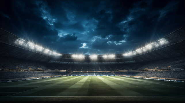 Stade de foot, grand spot de lumi&egrave;re, gazon, pelouse. Ciel nuageux. Football, match, sport. Pour conception et cr&eacute;ation graphique. 
