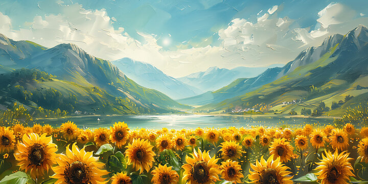Digital art - Painting of sunflowers, lakes and mountains