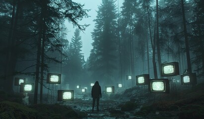 Mysterious figure surrounded by vintage televisions in a foggy forest - obrazy, fototapety, plakaty