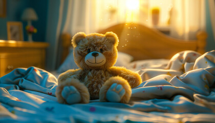 Recreation of a happy teddy bear wakes in her bed	at morning - obrazy, fototapety, plakaty