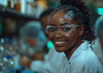 A smiling group of scientists working in a laboratory in the style of a stock photo. People in scrubs and glases in laboratory, chemistry work. Students in chemistry class, doctors in lab