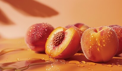 Fresh juicy peaches with water droplets on vibrant background