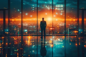 A solitary figure stands contemplatively, looking out a glass window onto a sprawling, illuminated city at dusk - obrazy, fototapety, plakaty