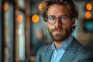 A well-groomed man with clear eyeglasses and a styled beard against a patterned backdrop