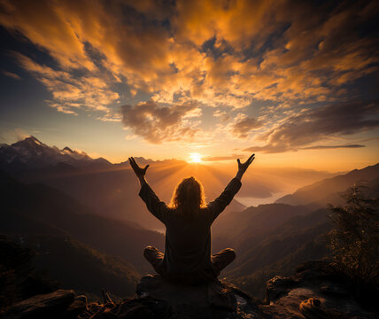 yoga at sunrise, on top of the mountain, sun salutation