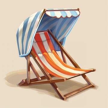 Isolated wooden deck chair and red umbrella on a beach for summer relaxation
