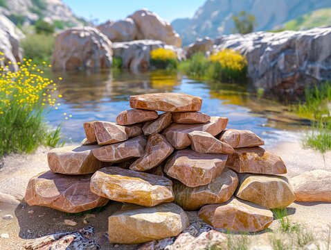 A pile of rocks is on the beach next to a body of water. The rocks are arranged in a way that they look like a small mountain. The scene is peaceful and serene