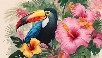 Fototapeta premium This colorful image captures a stunning toucan surrounded by bright hibiscus flowers, evoking a tropical paradise
