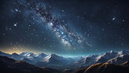 A breathtaking view of the Milky Way galaxy stretching above a serene landscape of snowy mountain peaks under a clear, starry sky. AI Generation
